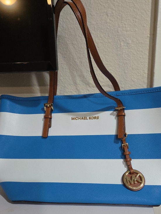 Michael Kors Handbags - Michael Kors Blue and White Striped Tote with Brown Leather Straps